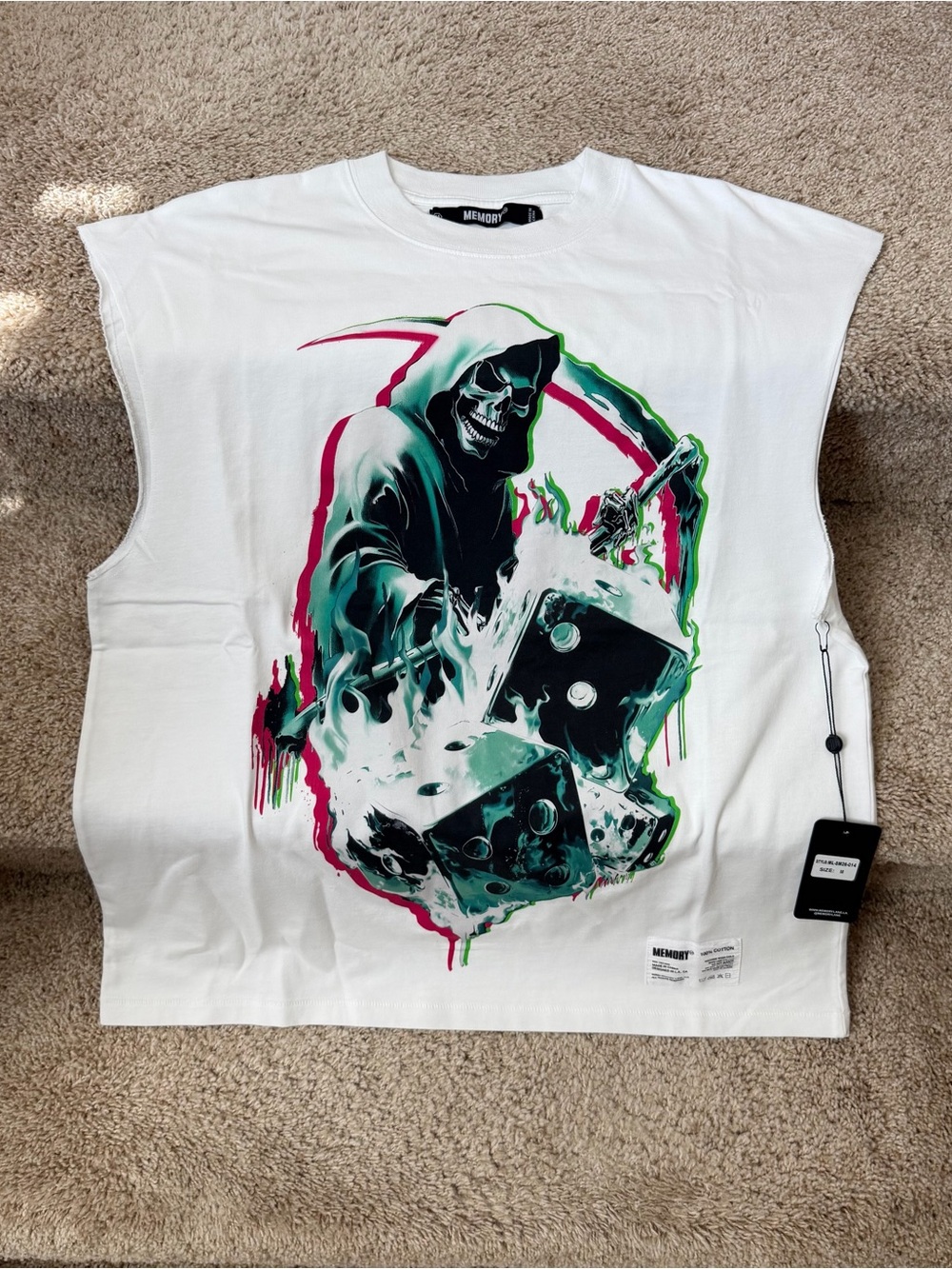 White Sleeveless Graphic Tank with Neon Skull & Dice